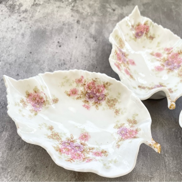 Antique Elite Limoges S M Leaf Bone Dish Plate Set Pink Flowers Gold Set 3 c1800